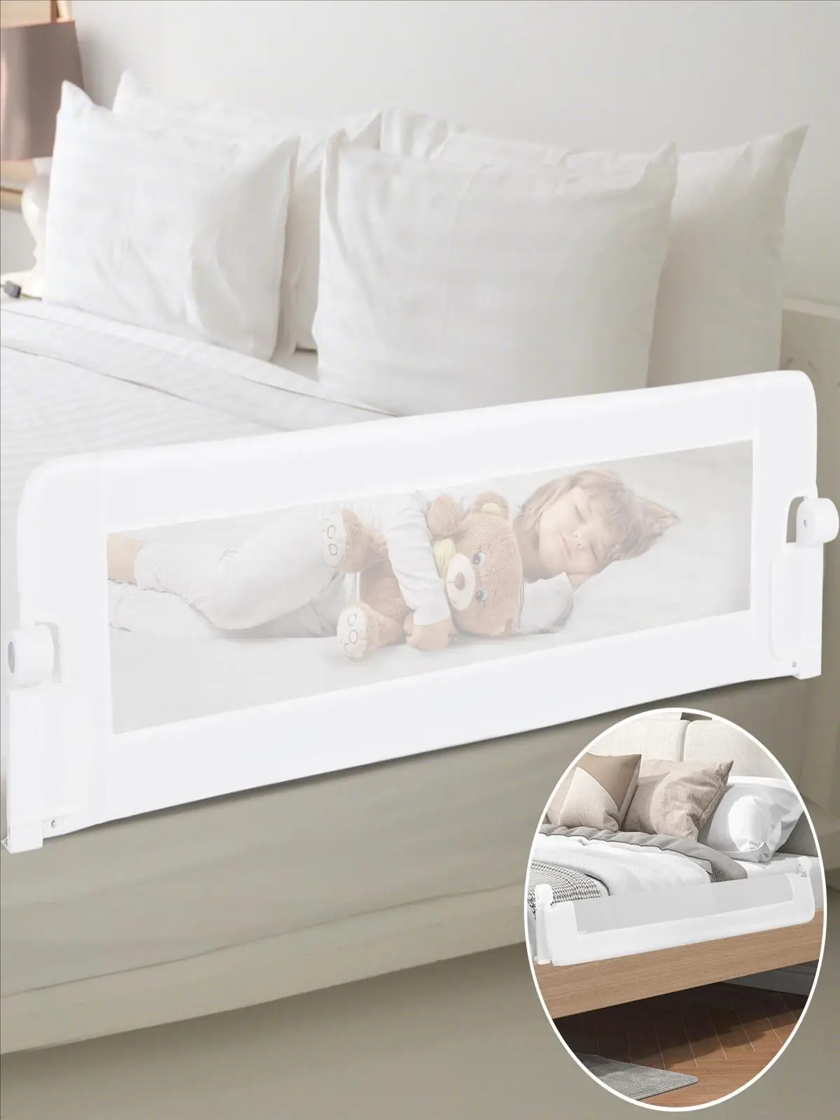 Foldable Bed Rail for Toddlers, 152cm Swing Down Baby Bed Guard Rail with Adjustable Safety Strap, Universal Kids Bedrail Guard