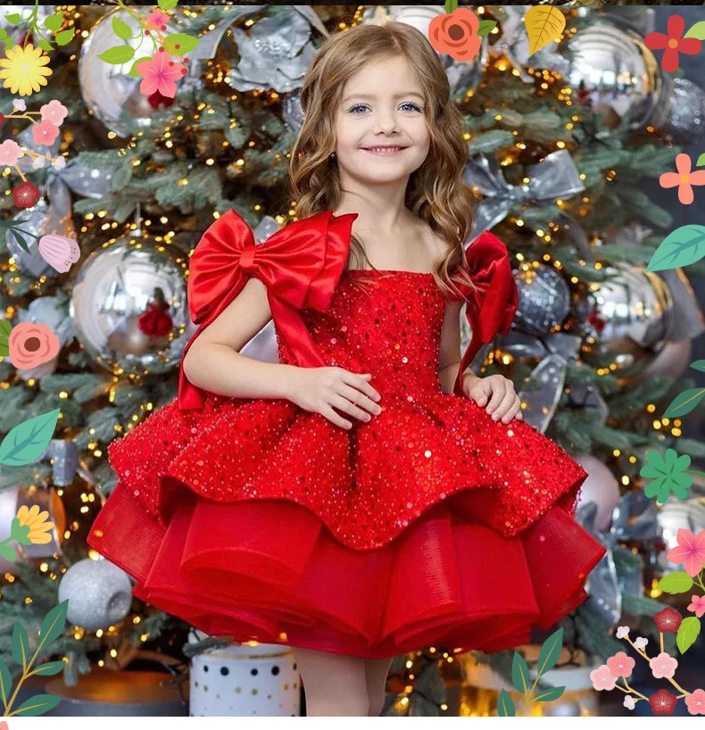 Christmas children's Dress 2025 New style red sequined puffy tulle girls' princess dress cross-border delivery