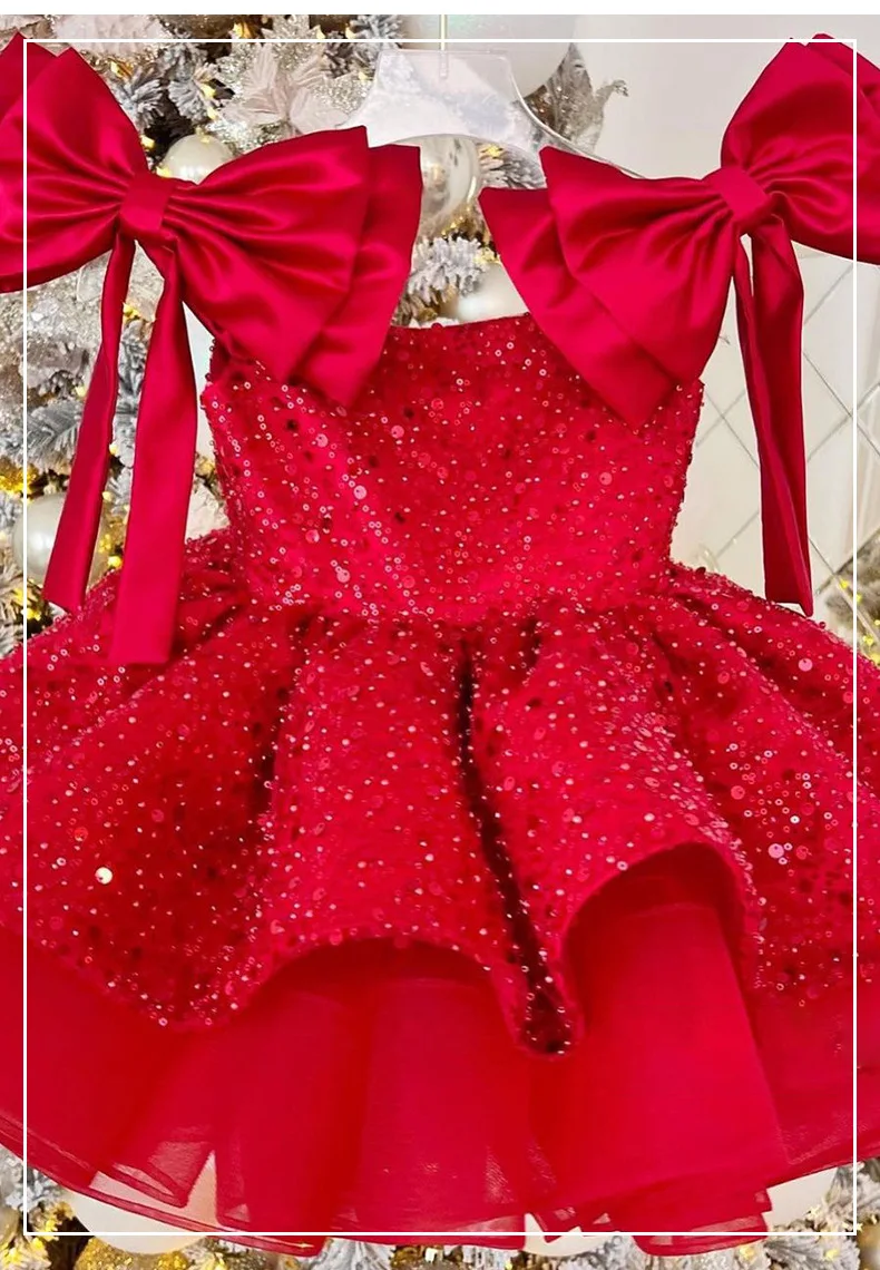 Christmas children's Dress 2025 New style red sequined puffy tulle girls' princess dress cross-border delivery
