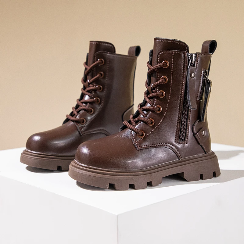 Classic Girls Platform Boots Spring Autumn Fashion Kids Causal Leather Boots Versatile Non-slip Black Brown Children Ankle Boots