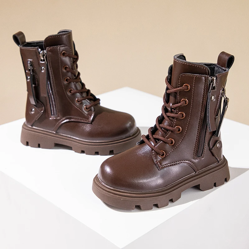 Classic Girls Platform Boots Spring Autumn Fashion Kids Causal Leather Boots Versatile Non-slip Black Brown Children Ankle Boots