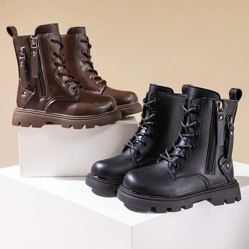 Classic Girls Platform Boots Spring Autumn Fashion Kids Causal Leather Boots Versatile Non-slip Black Brown Children Ankle Boots