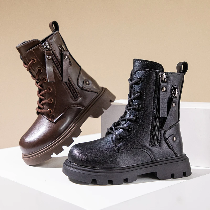 Classic Girls Platform Boots Spring Autumn Fashion Kids Causal Leather Boots Versatile Non-slip Black Brown Children Ankle Boots