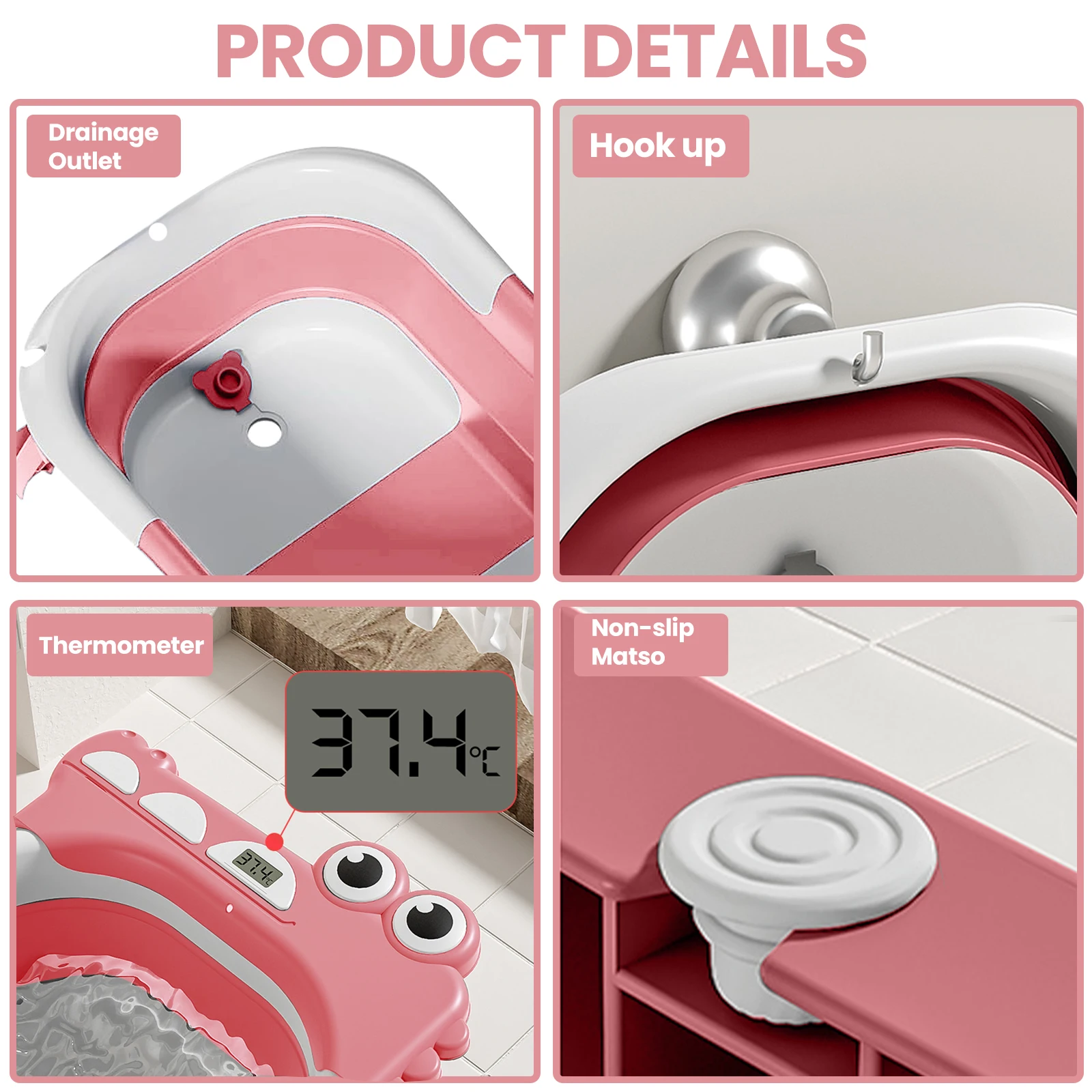 Foldable Baby Bathtub with Bath Pillow, Seat & Thermometer, for Newborns to Toddlers (0-3 Years) Perfect Baby Shower Gift