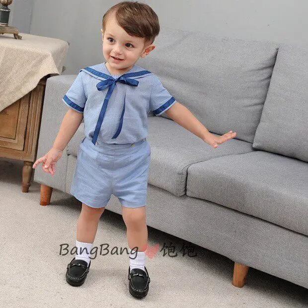 Summer Sister and Brother Clothing Blue Navy Style Dress Short Sleeve Shorts British Academy Dress Set Spanish Baby Clothes