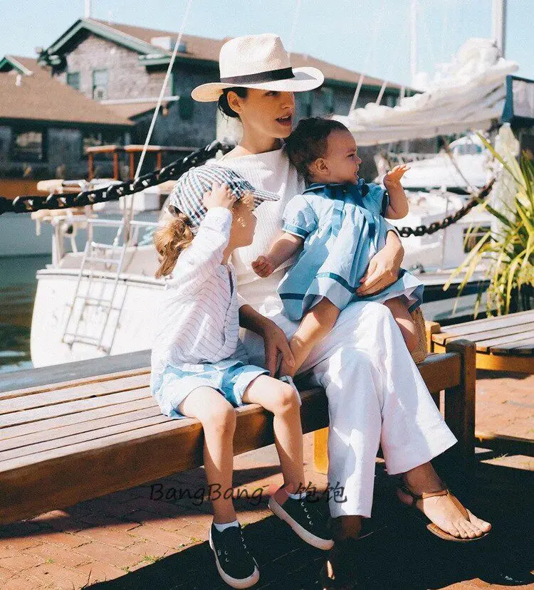 Summer Sister and Brother Clothing Blue Navy Style Dress Short Sleeve Shorts British Academy Dress Set Spanish Baby Clothes