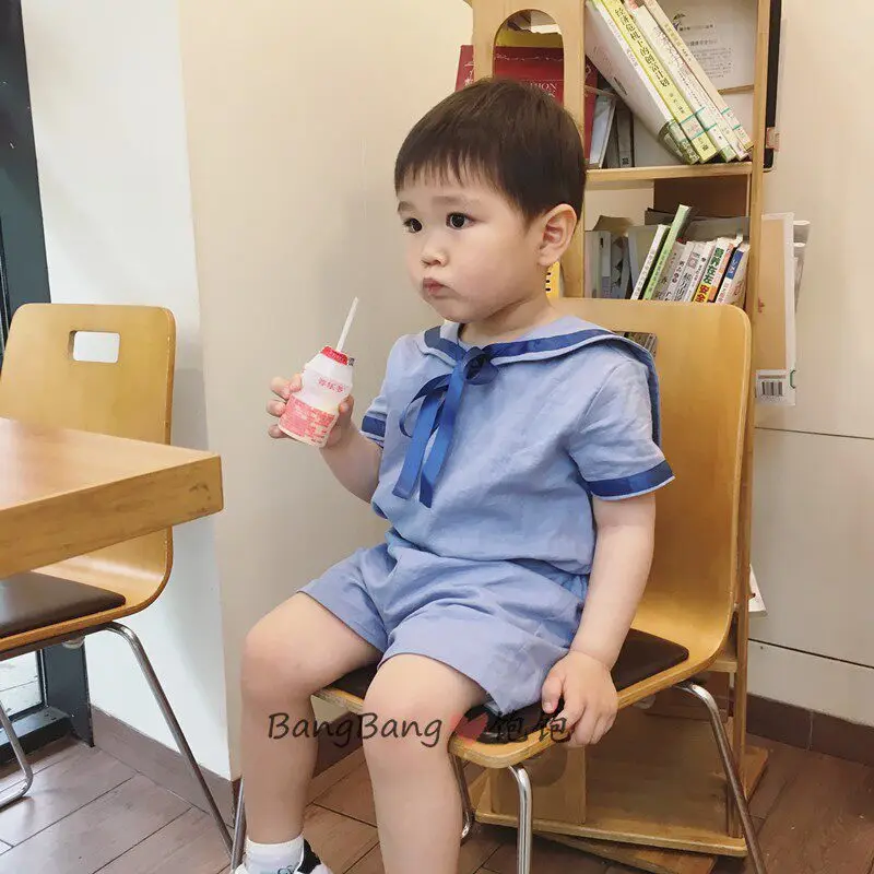 Summer Sister and Brother Clothing Blue Navy Style Dress Short Sleeve Shorts British Academy Dress Set Spanish Baby Clothes
