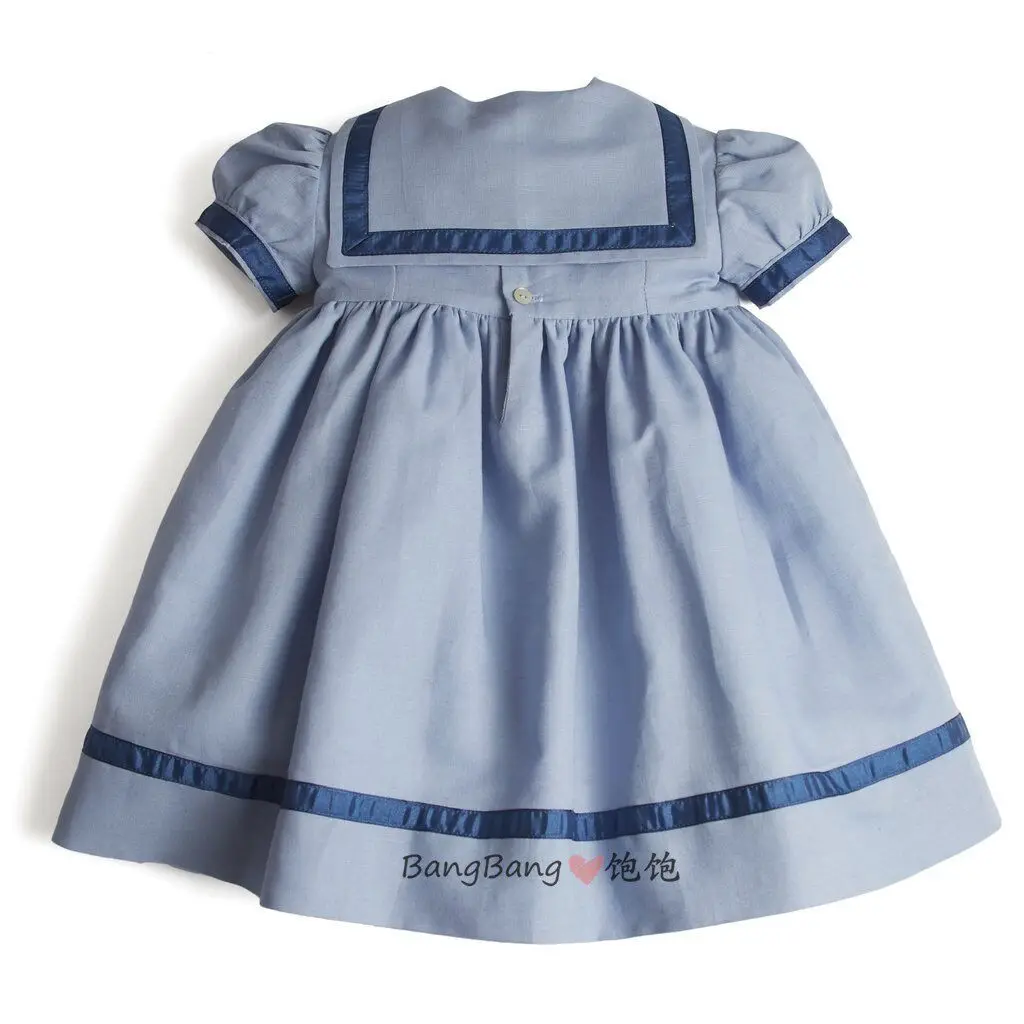 Summer Sister and Brother Clothing Blue Navy Style Dress Short Sleeve Shorts British Academy Dress Set Spanish Baby Clothes