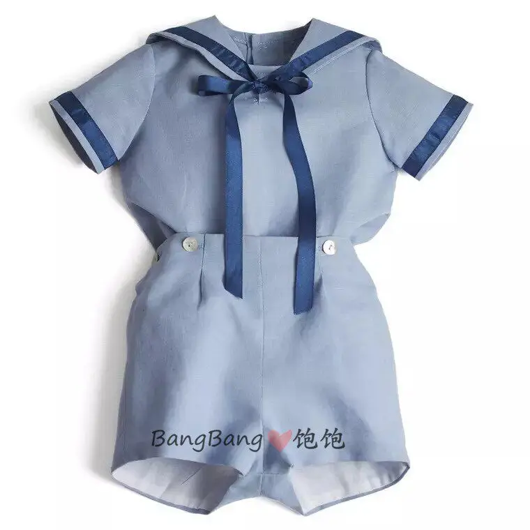 Summer Sister and Brother Clothing Blue Navy Style Dress Short Sleeve Shorts British Academy Dress Set Spanish Baby Clothes