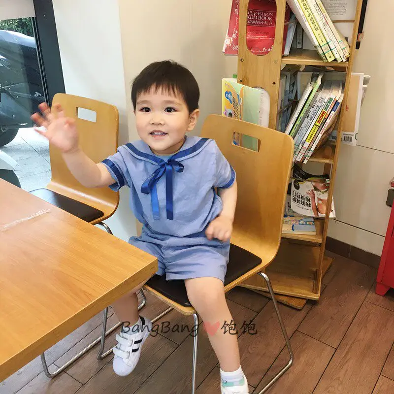 Summer Sister and Brother Clothing Blue Navy Style Dress Short Sleeve Shorts British Academy Dress Set Spanish Baby Clothes