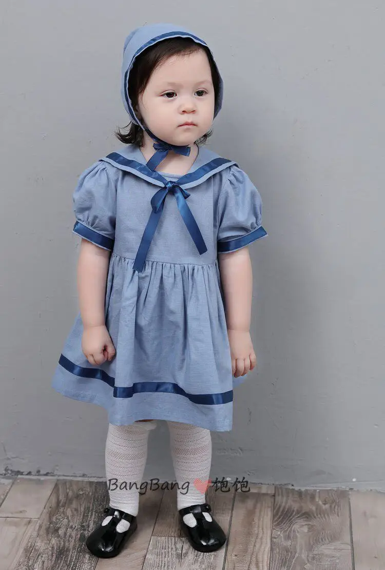 Summer Sister and Brother Clothing Blue Navy Style Dress Short Sleeve Shorts British Academy Dress Set Spanish Baby Clothes