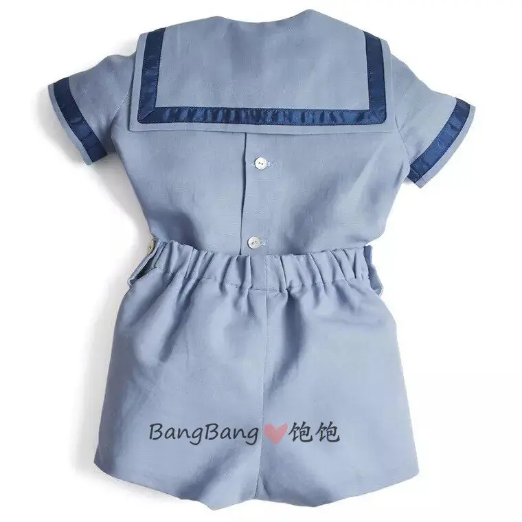 Summer Sister and Brother Clothing Blue Navy Style Dress Short Sleeve Shorts British Academy Dress Set Spanish Baby Clothes