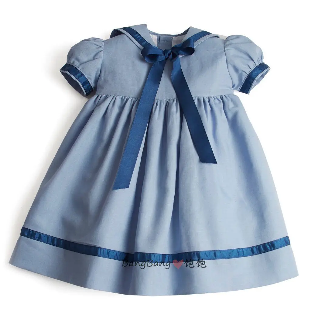 Summer Sister and Brother Clothing Blue Navy Style Dress Short Sleeve Shorts British Academy Dress Set Spanish Baby Clothes