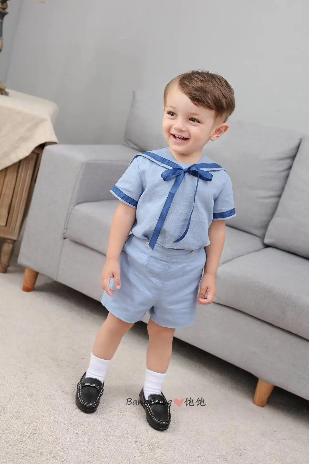 Summer Sister and Brother Clothing Blue Navy Style Dress Short Sleeve Shorts British Academy Dress Set Spanish Baby Clothes