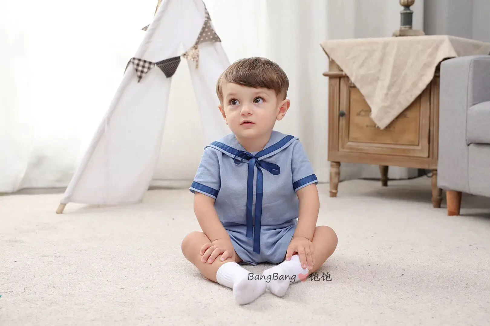 Summer Sister and Brother Clothing Blue Navy Style Dress Short Sleeve Shorts British Academy Dress Set Spanish Baby Clothes