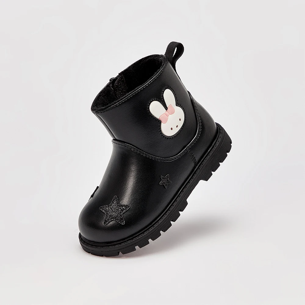 Dave Bella Girls Leather Boots Winter Princess Kid Elegant Soft Anti Slip Velvet Shoes Waterproof Children Black Boots DB4254489