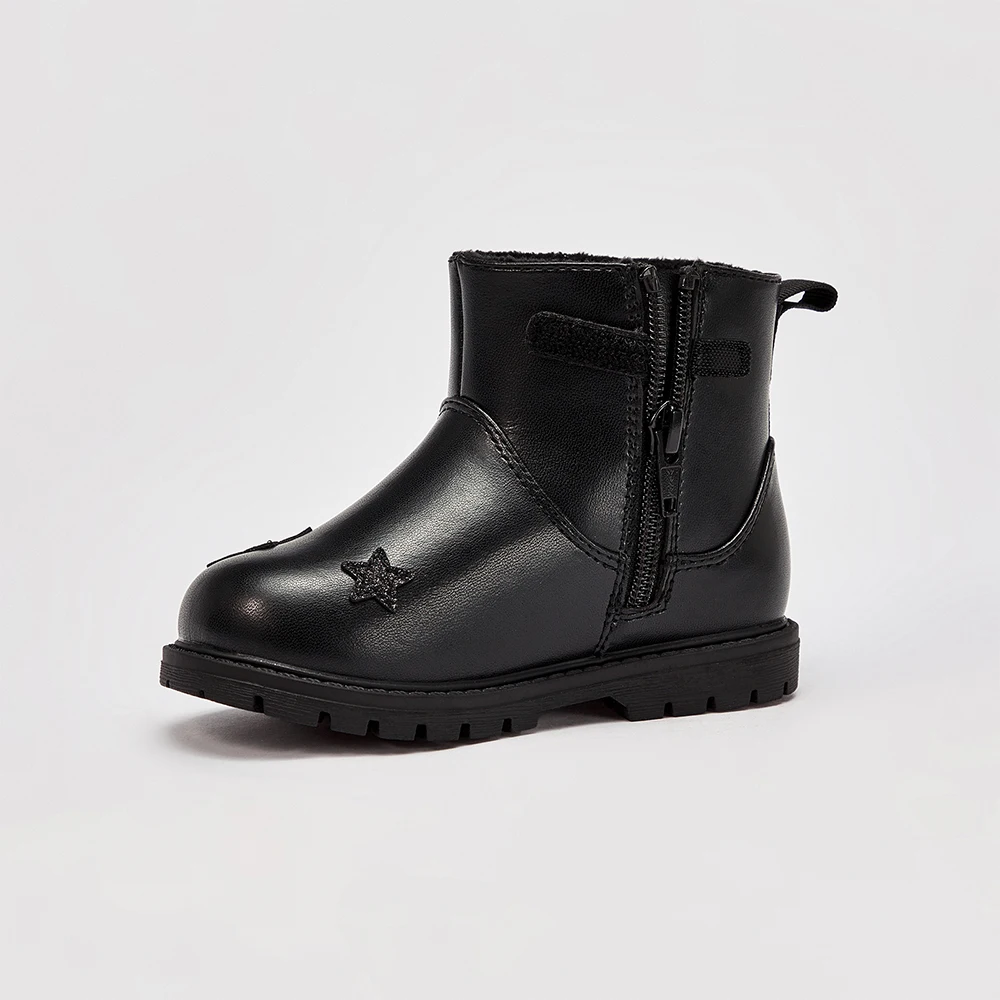 Dave Bella Girls Leather Boots Winter Princess Kid Elegant Soft Anti Slip Velvet Shoes Waterproof Children Black Boots DB4254489