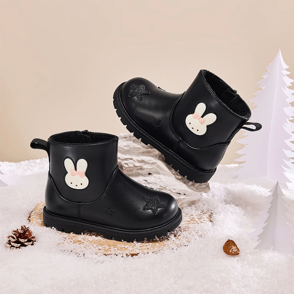 Dave Bella Girls Leather Boots Winter Princess Kid Elegant Soft Anti Slip Velvet Shoes Waterproof Children Black Boots DB4254489