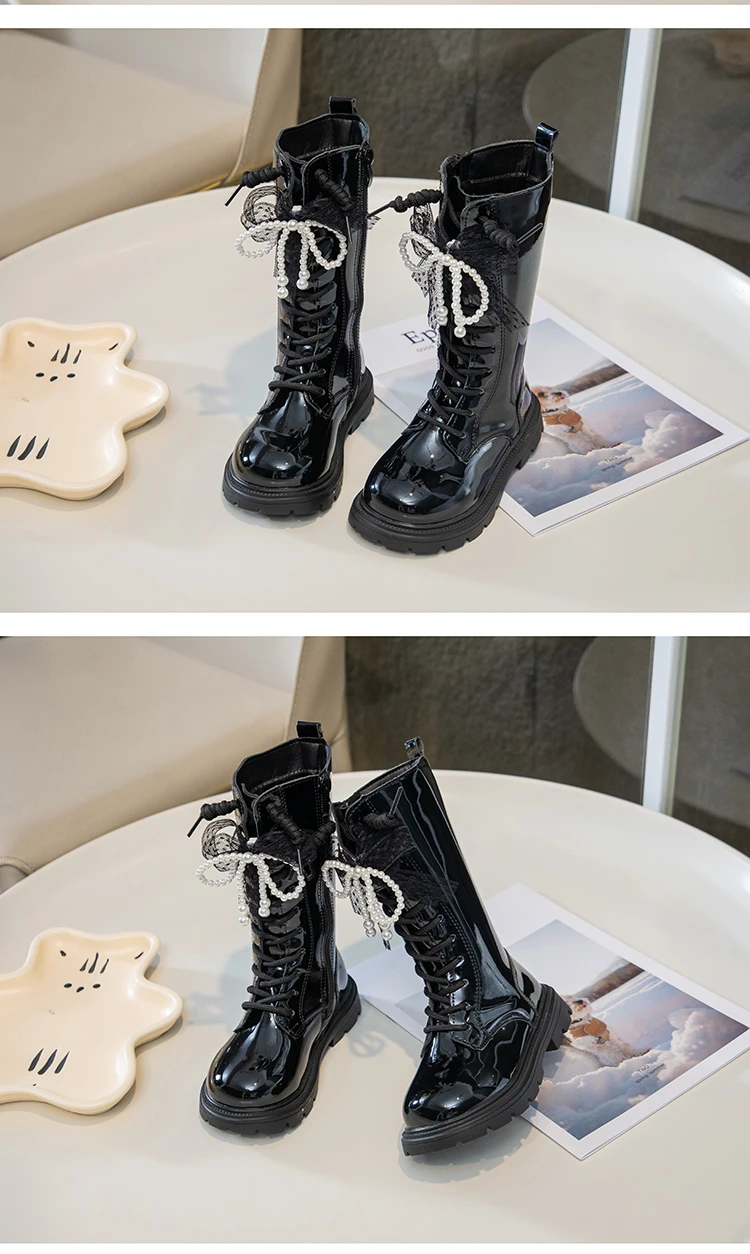 Princess Style Leather Boots for Girls 2025 New Winter Kids Plush Lining Mid-calf Boots Non-slip Simple Christmas Party Boots