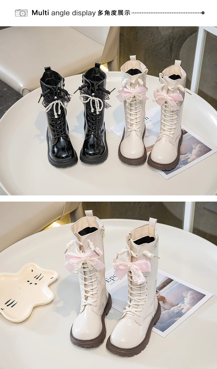 Princess Style Leather Boots for Girls 2025 New Winter Kids Plush Lining Mid-calf Boots Non-slip Simple Christmas Party Boots