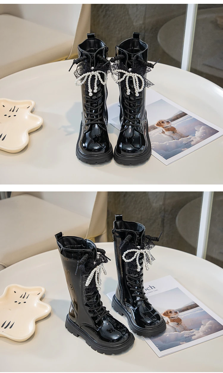 Princess Style Leather Boots for Girls 2025 New Winter Kids Plush Lining Mid-calf Boots Non-slip Simple Christmas Party Boots