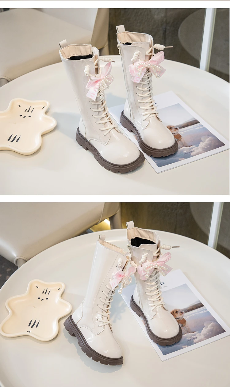 Princess Style Leather Boots for Girls 2025 New Winter Kids Plush Lining Mid-calf Boots Non-slip Simple Christmas Party Boots