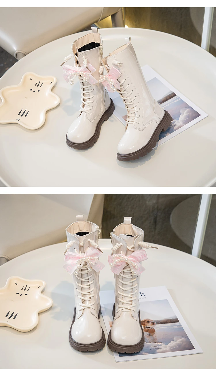 Princess Style Leather Boots for Girls 2025 New Winter Kids Plush Lining Mid-calf Boots Non-slip Simple Christmas Party Boots