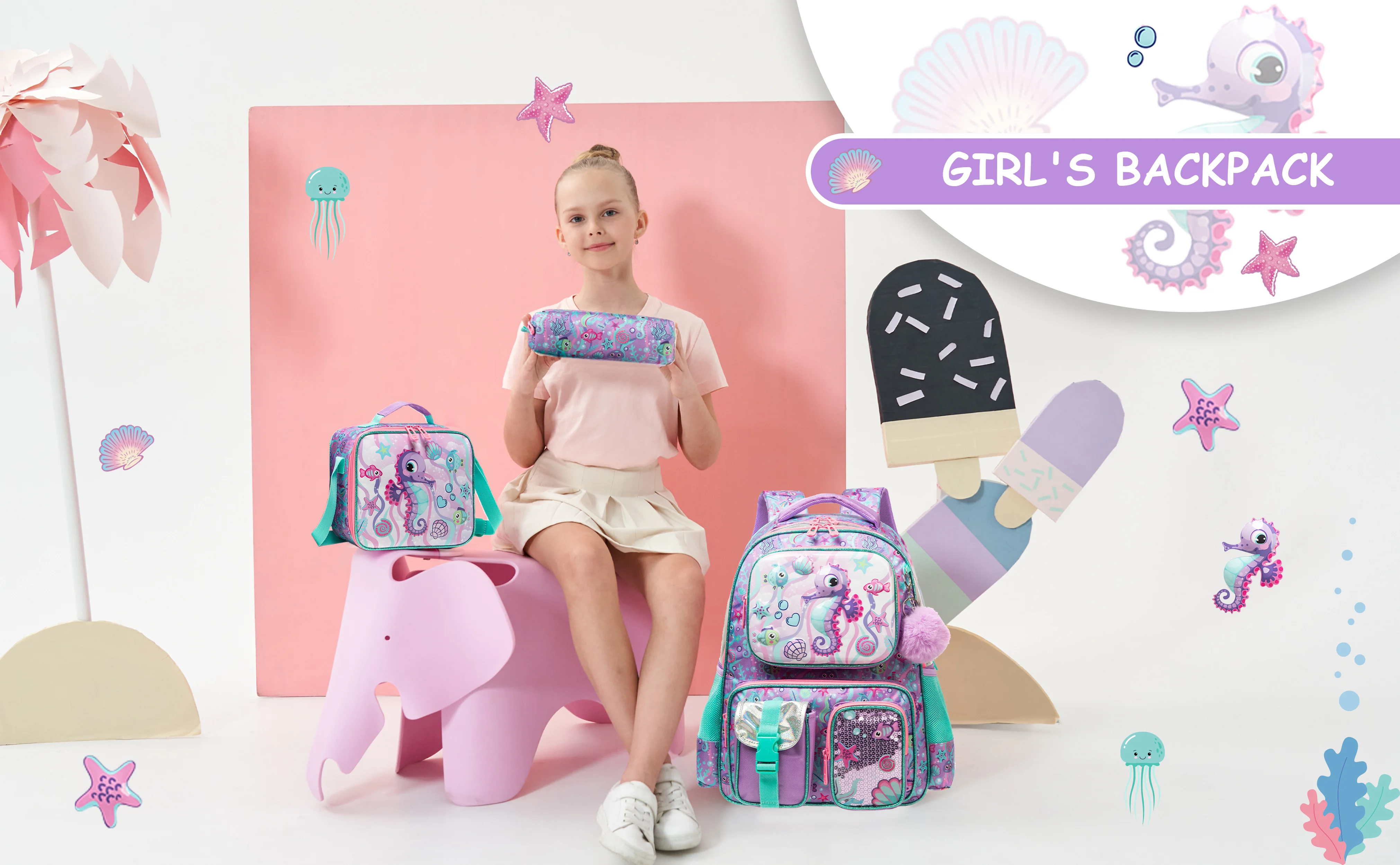 Cute Backpack for Girls Backpacks for Elementary Preschool Students Kids School Cute Backpack Lunch Bag and Penbag