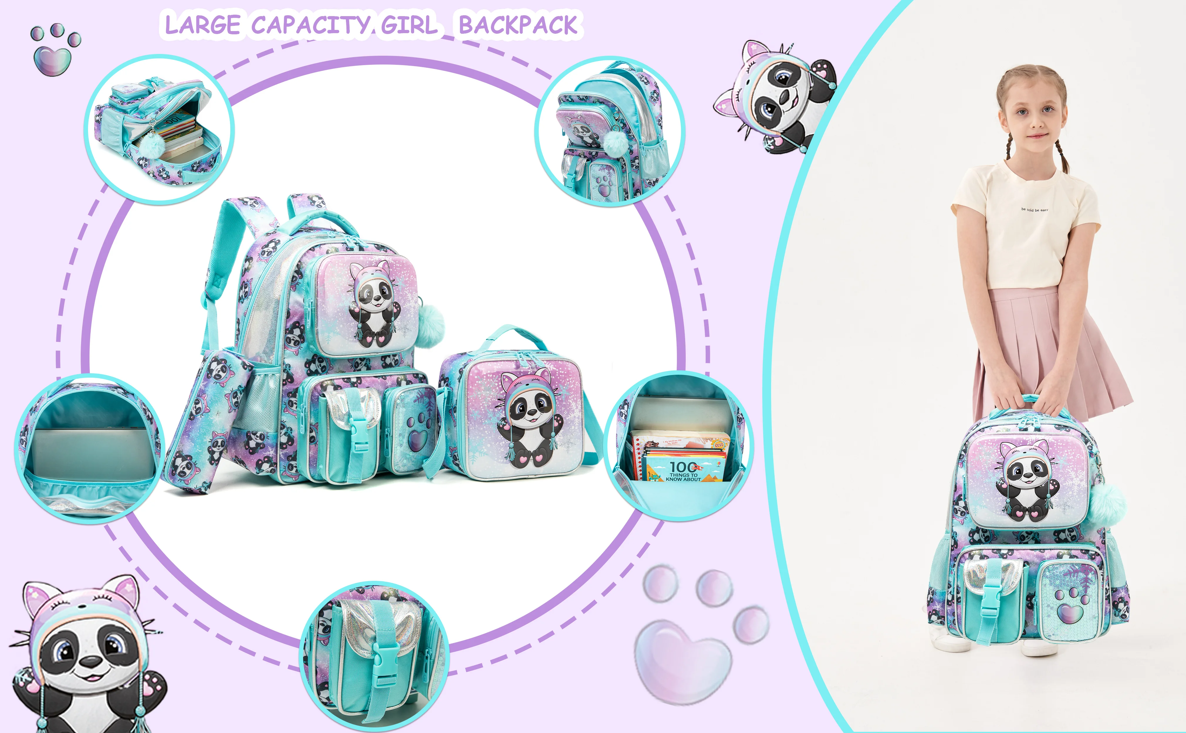 Cute Backpack for Girls Backpacks for Elementary Preschool Students Kids School Cute Backpack Lunch Bag and Penbag