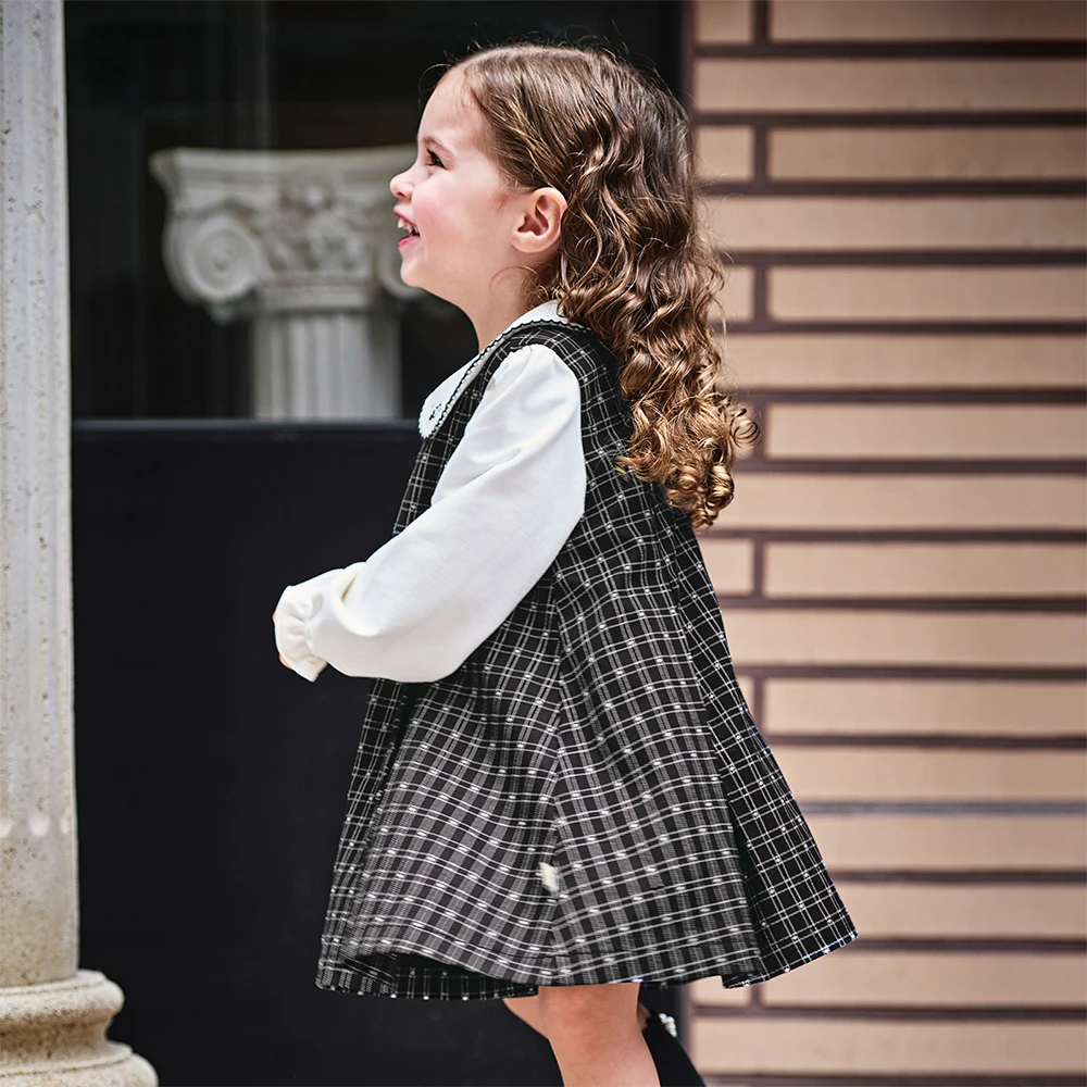 Dave Bella Children's Dress Autumn Gentle Sweet Cute Girl's Plaid Princess Dress Fake Two Piece Party Casual Outdoor DB3253546
