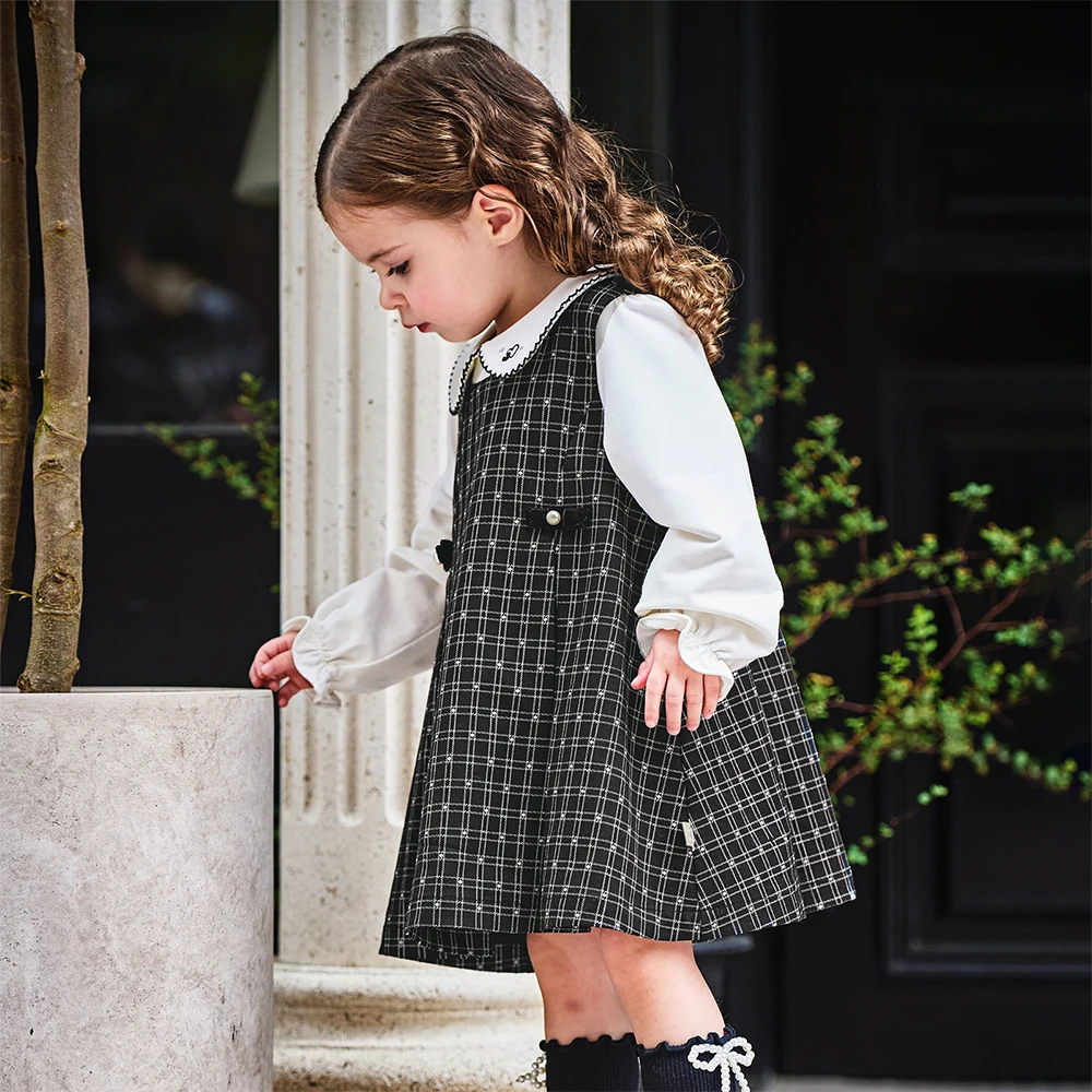 Dave Bella Children's Dress Autumn Gentle Sweet Cute Girl's Plaid Princess Dress Fake Two Piece Party Casual Outdoor DB3253546