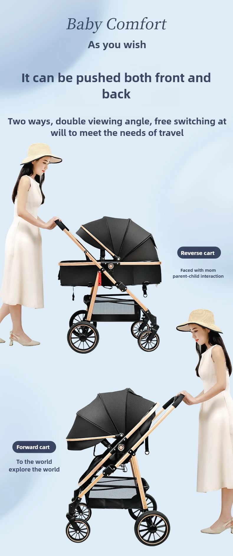 Lightweight Three-in-one Baby Stroller Foldable, Can Sit or Lie Down, High-view Sleeping Blue, Reversible Newborn Baby Stroller
