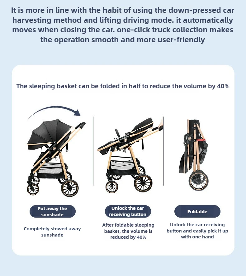 Lightweight Three-in-one Baby Stroller Foldable, Can Sit or Lie Down, High-view Sleeping Blue, Reversible Newborn Baby Stroller