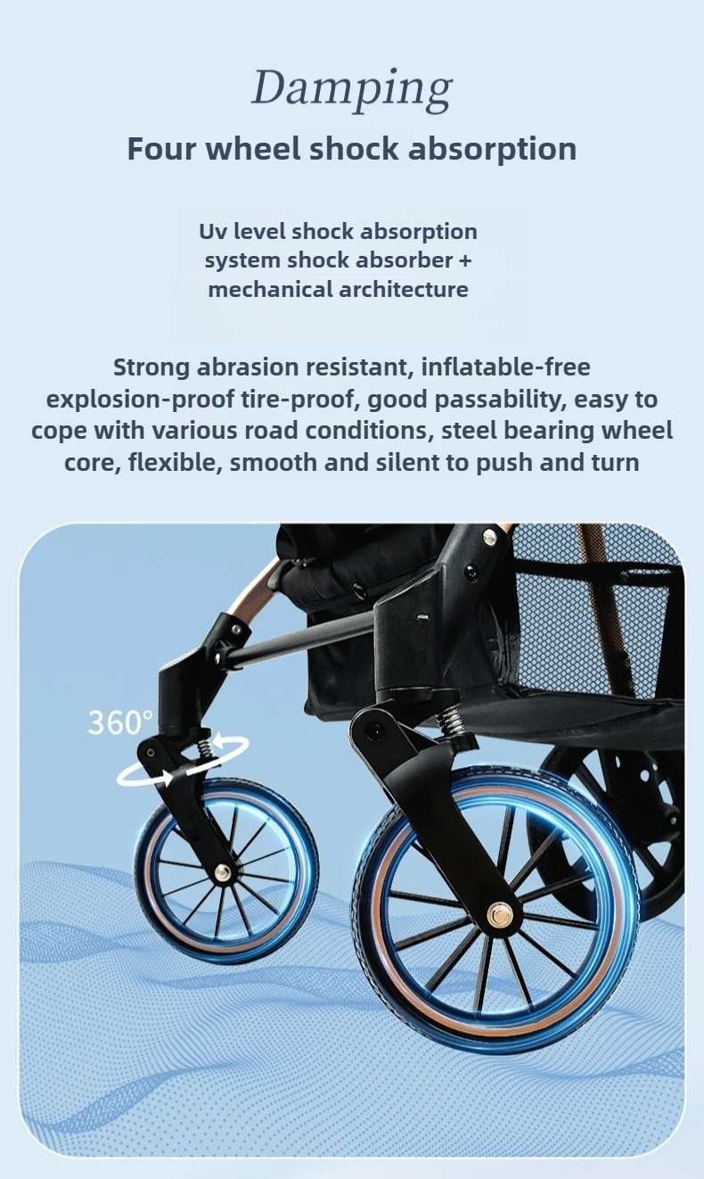Lightweight Three-in-one Baby Stroller Foldable, Can Sit or Lie Down, High-view Sleeping Blue, Reversible Newborn Baby Stroller
