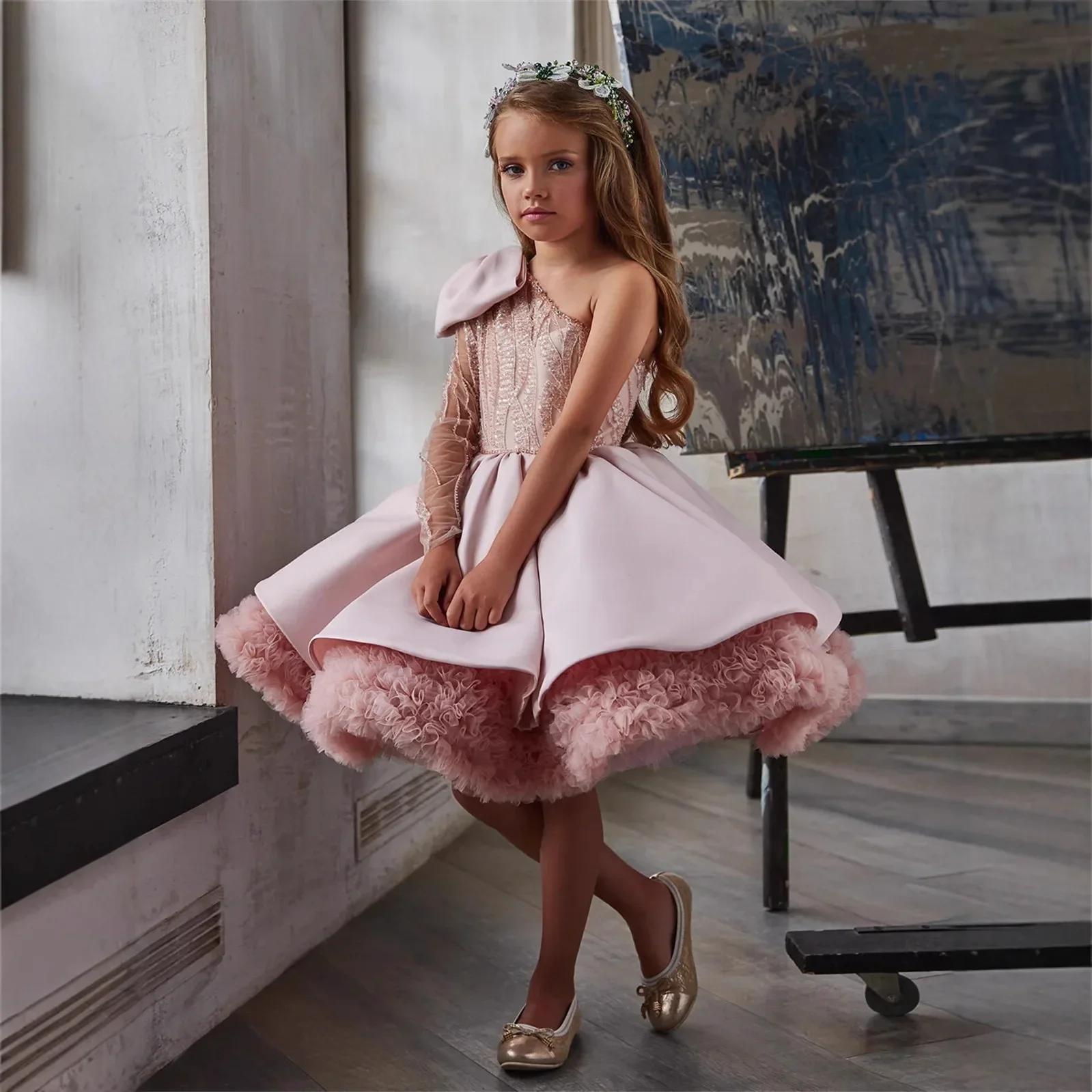Girls' New Single-Shoulder Bow Fashionable High-End Piano Performance Little Host Party Princess Dress