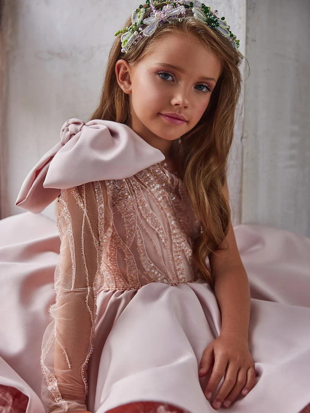 Girls' New Single-Shoulder Bow Fashionable High-End Piano Performance Little Host Party Princess Dress