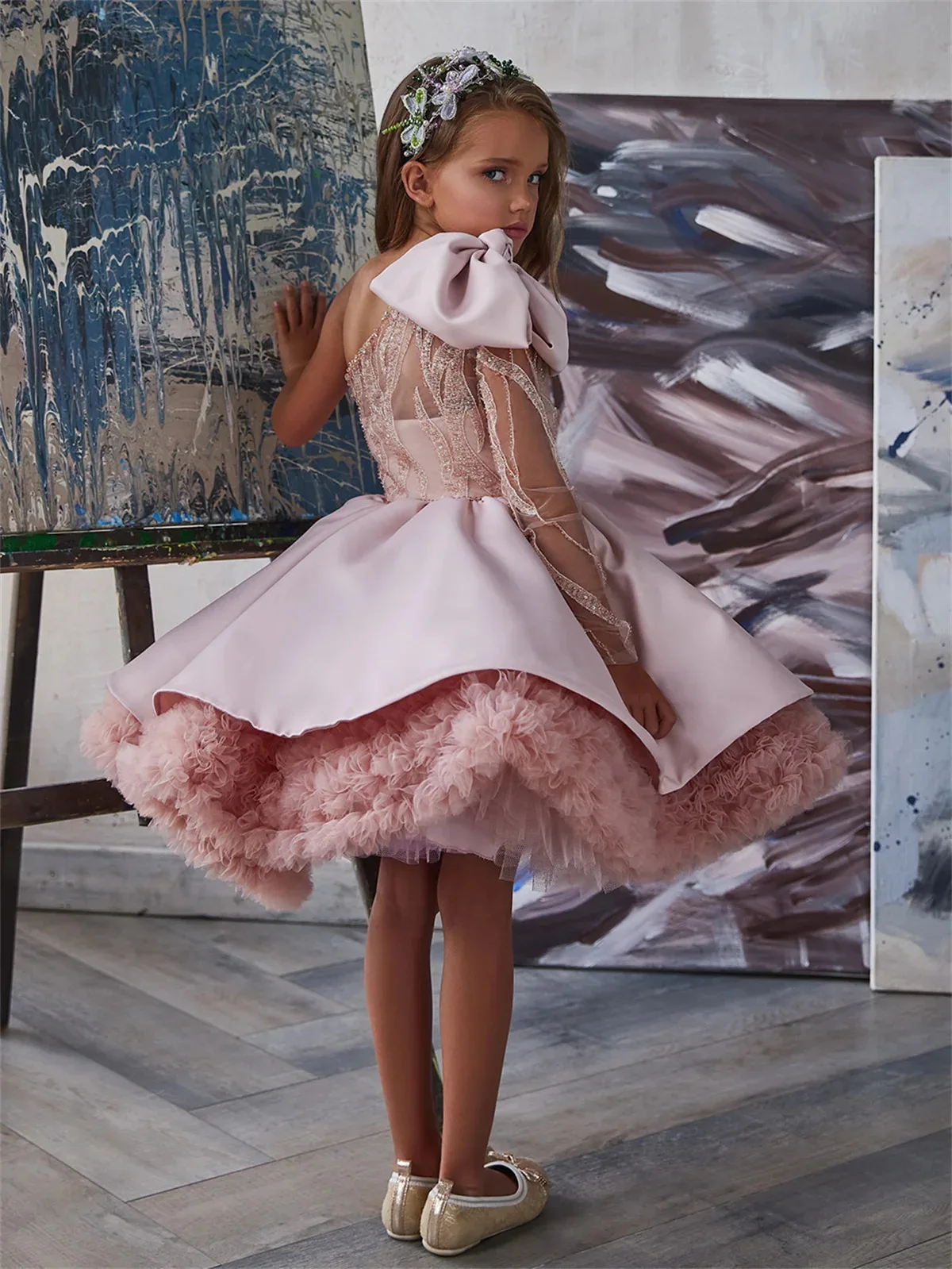 Girls' New Single-Shoulder Bow Fashionable High-End Piano Performance Little Host Party Princess Dress