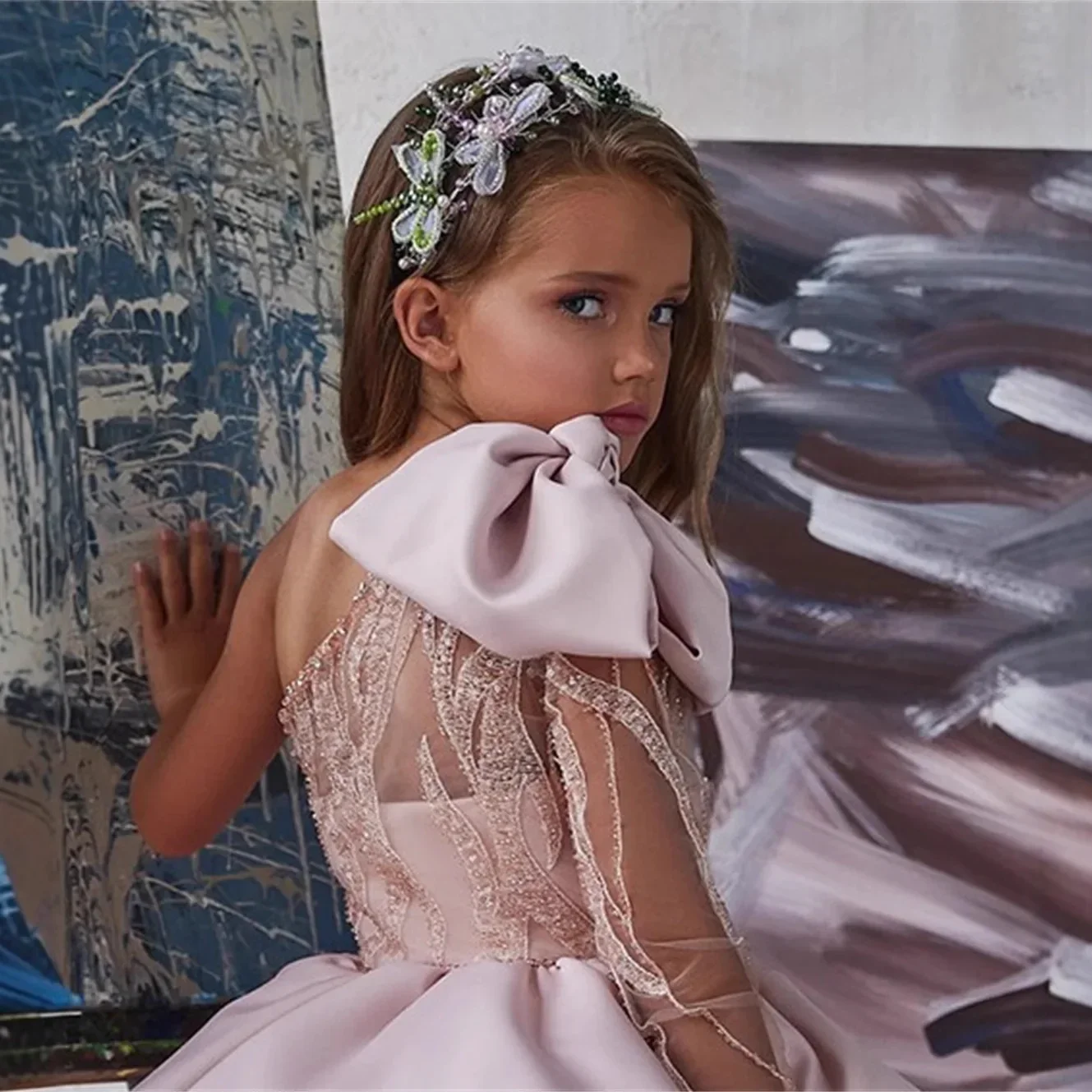 Girls' New Single-Shoulder Bow Fashionable High-End Piano Performance Little Host Party Princess Dress