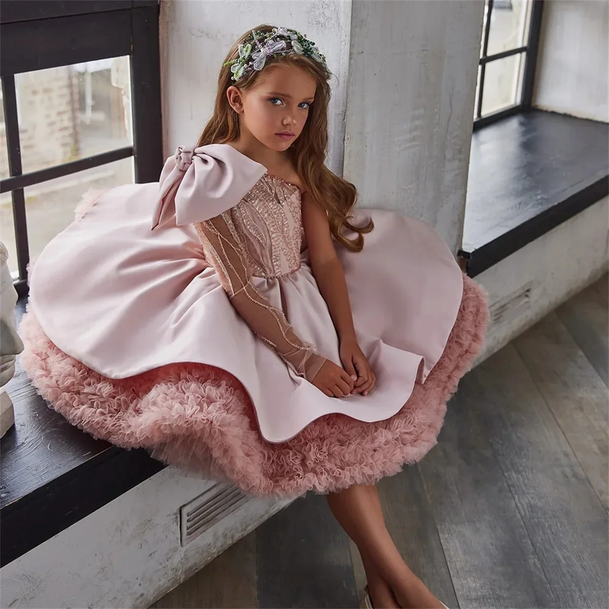 Girls' New Single-Shoulder Bow Fashionable High-End Piano Performance Little Host Party Princess Dress