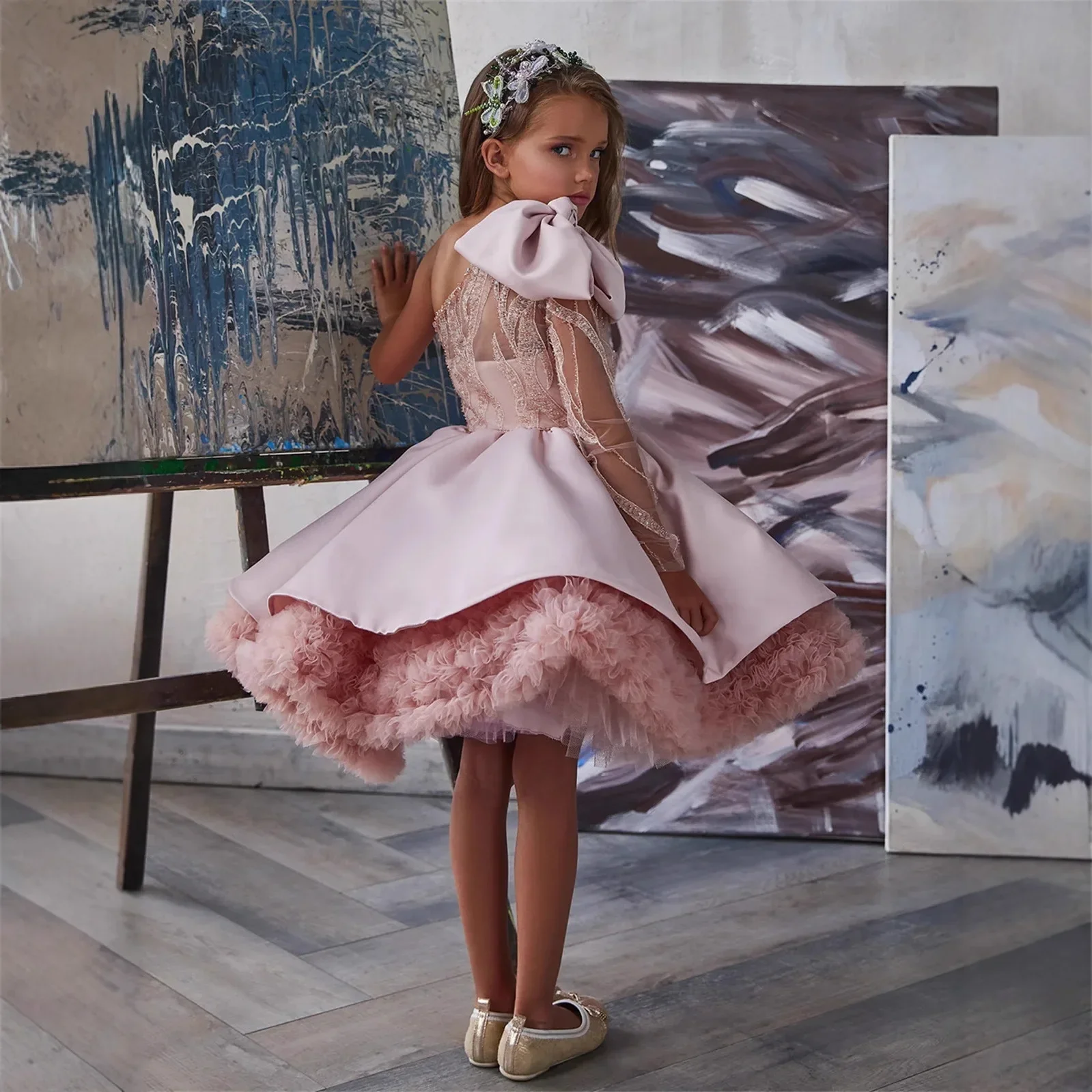 Girls' New Single-Shoulder Bow Fashionable High-End Piano Performance Little Host Party Princess Dress