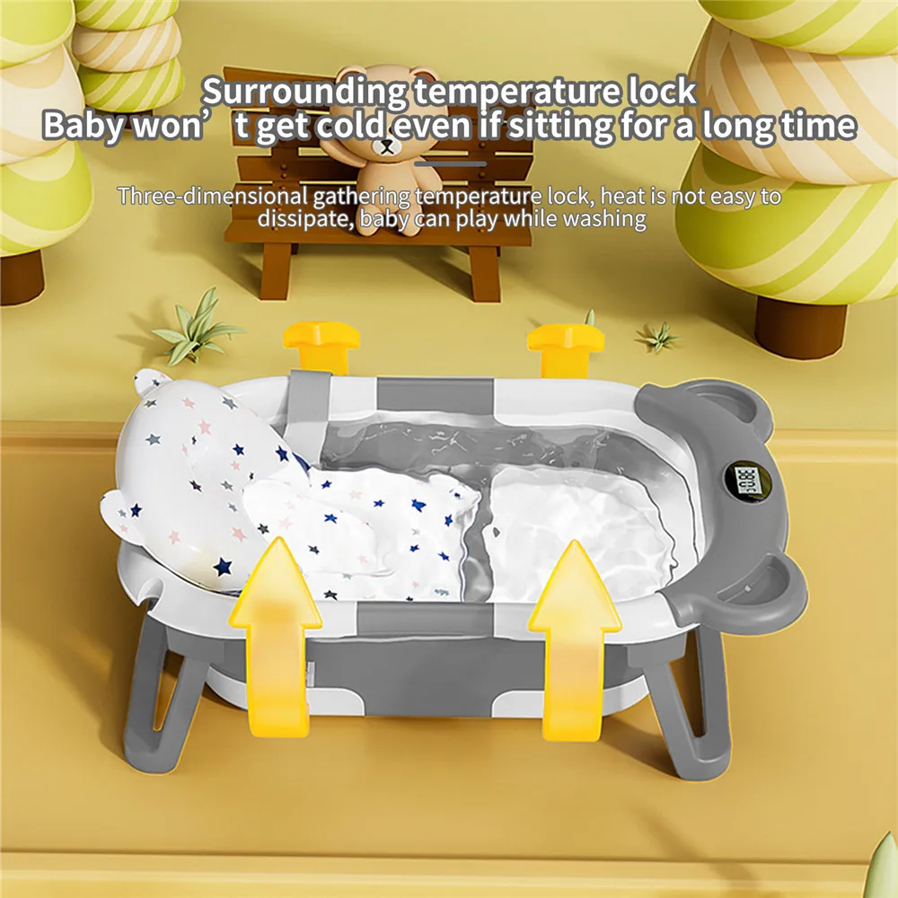 Collapsible Baby Bathtub for Newborn with Thermometer & Soft Floating Cushion,Portable Non-Slip Legs Large Infant Bathtub with Drain Hole,Baby Tubs