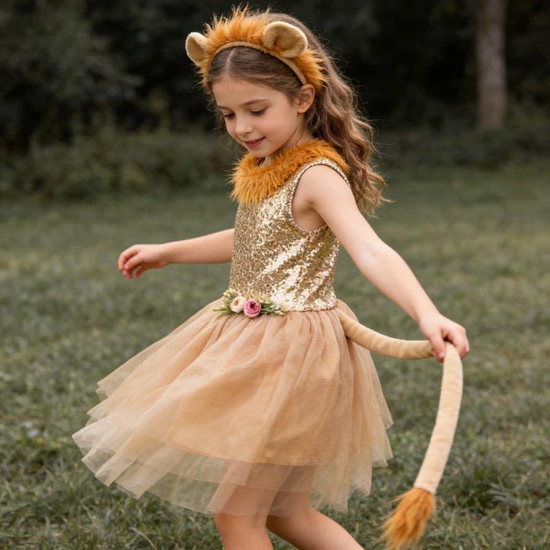Girls Cute Lion Tulle Dress Kids Cartoon Beauty Clothing Halloween Party Outfit Children Stage Performance Show Clothing