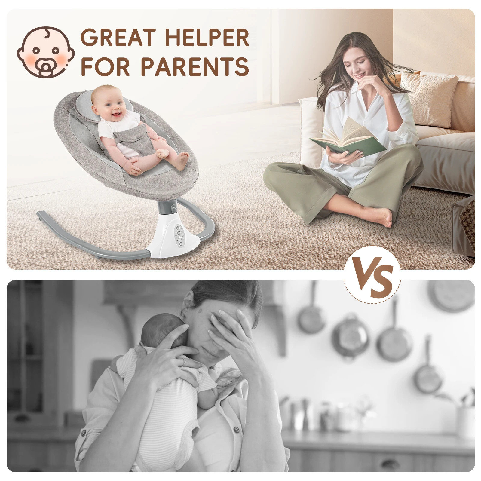 Gray Electric Baby Swing Chair 4-Speed Auto Rocker with 12 Lullabies & Detachable Mosquito Net USB Baby Cradle Auto Swing Bed for 0-18 Months Newborns