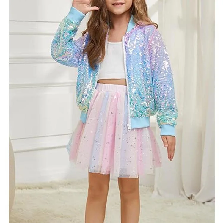 2026 Spring Autumn Children's and Girls' Clothing with Glitter and Colorful Outfits, Trendy Girls' Jackets with Colorful Beads