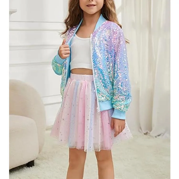 2026 Spring Autumn Children's and Girls' Clothing with Glitter and Colorful Outfits, Trendy Girls' Jackets with Colorful Beads