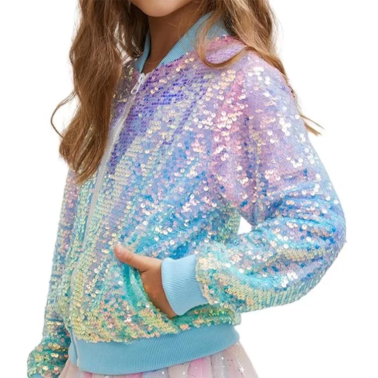 2026 Spring Autumn Children's and Girls' Clothing with Glitter and Colorful Outfits, Trendy Girls' Jackets with Colorful Beads