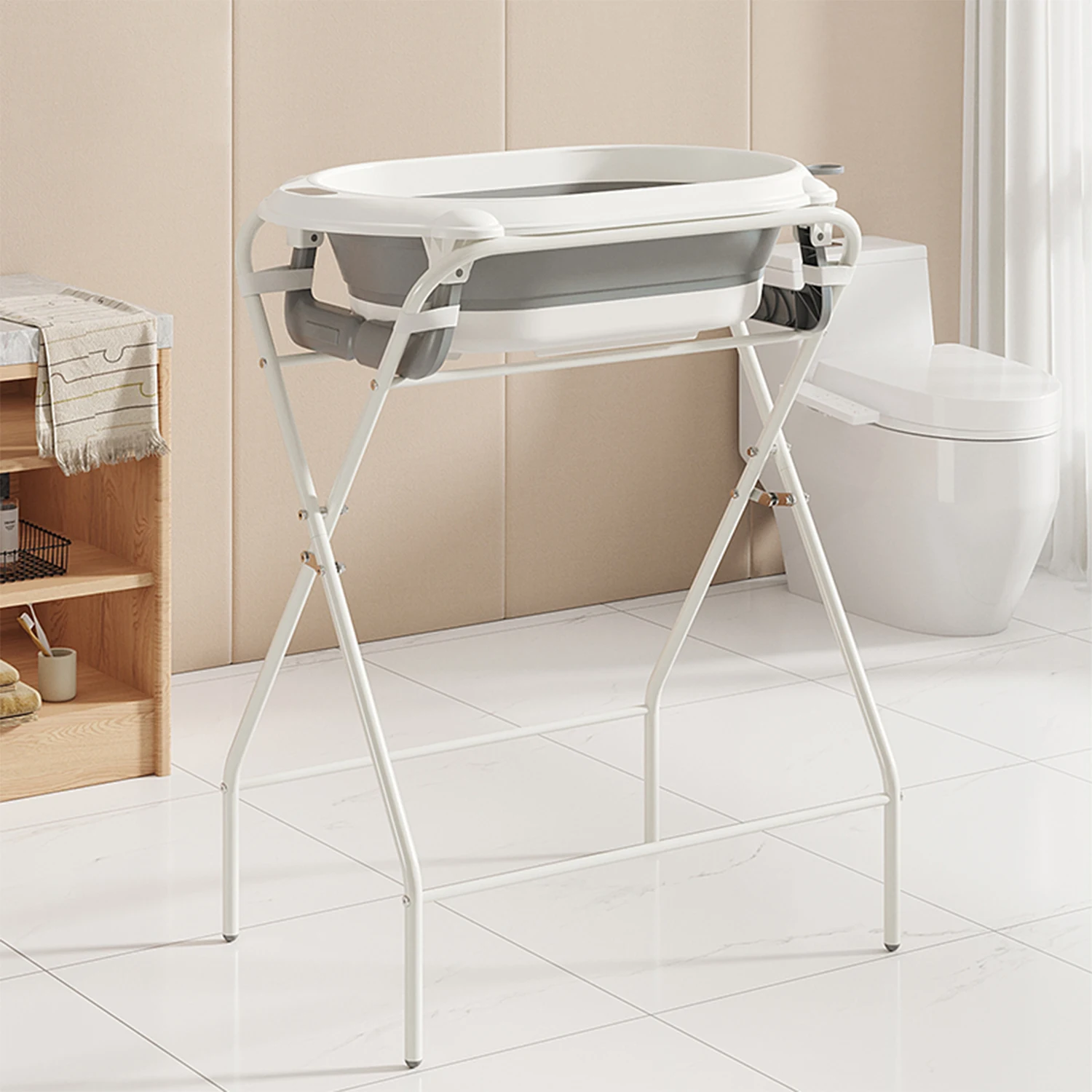 3 in 1 Foldable Baby Bath Tub with Stand, Multifunctional Baby Bathtub for Newborn Infant Toddler, Built-in Thermometer & Soft Bath Pillow, Non Slip Portable Shower Basin, Grey