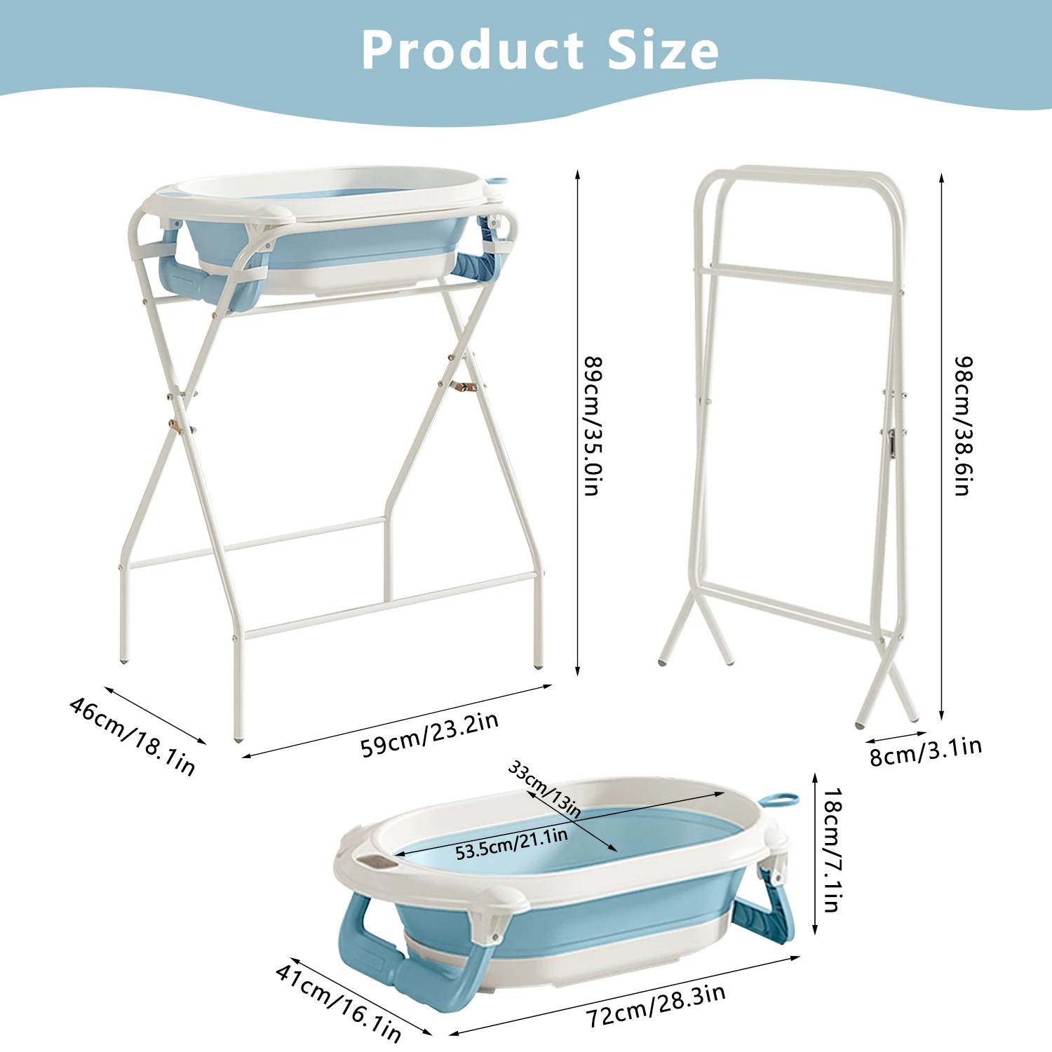 3 in 1 Foldable Baby Bath Tub with Stand, Multifunctional Baby Bathtub for Newborn Infant Toddler, Built-in Thermometer & Soft Bath Pillow, Non Slip Portable Shower Basin, Grey