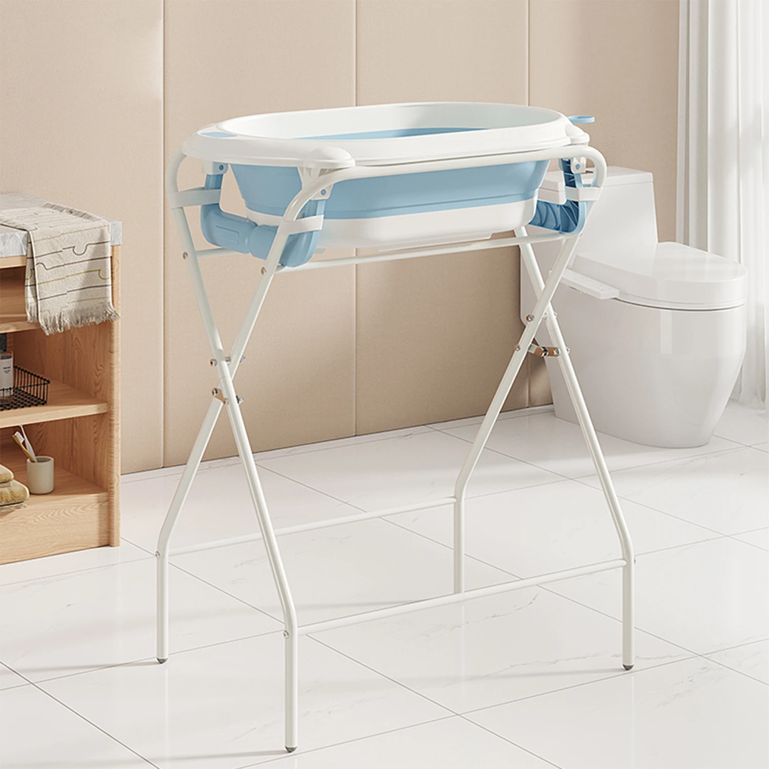 3 in 1 Foldable Baby Bath Tub with Stand, Multifunctional Baby Bathtub for Newborn Infant Toddler, Built-in Thermometer & Soft Bath Pillow, Non Slip Portable Shower Basin, Grey