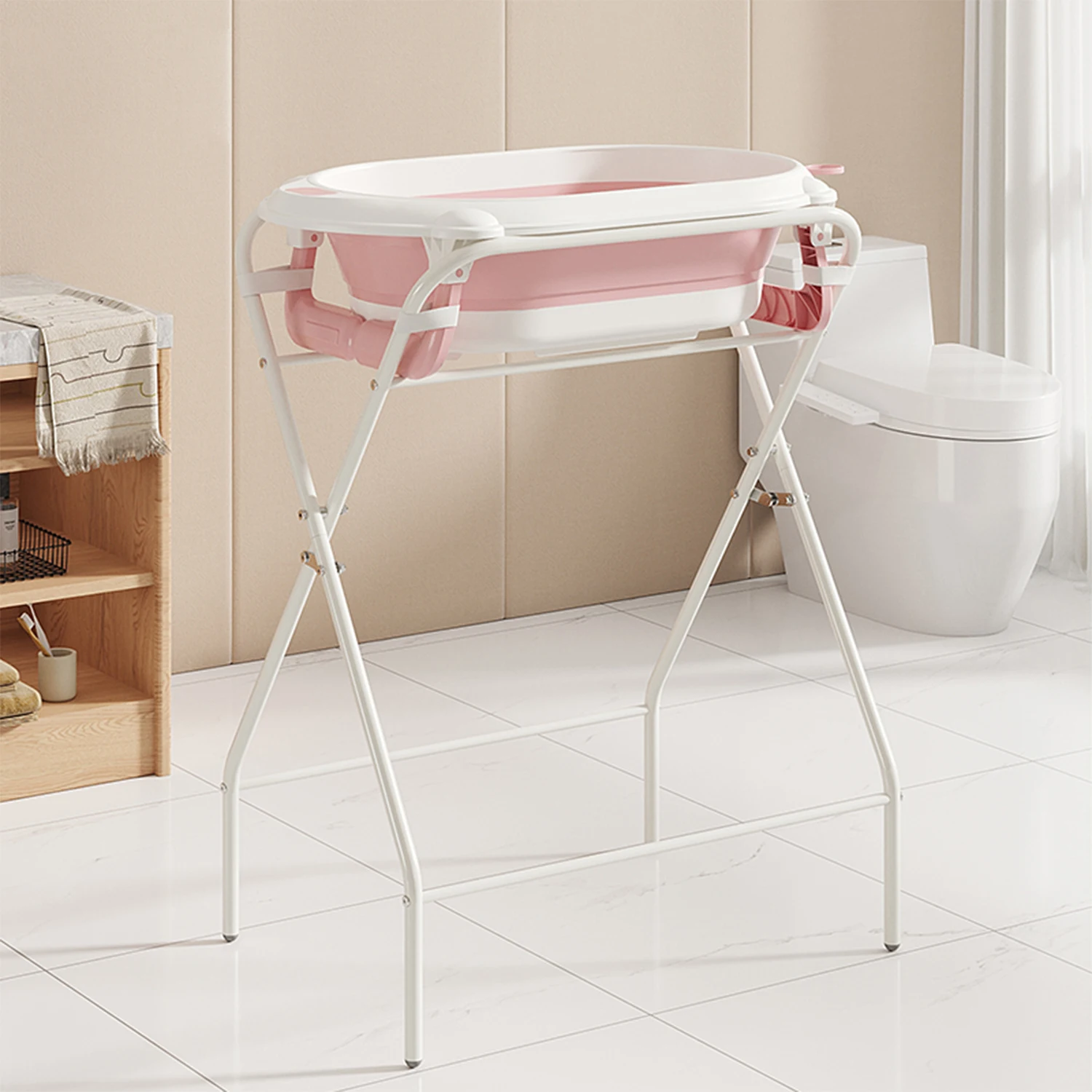 3 in 1 Foldable Baby Bath Tub with Stand, Multifunctional Baby Bathtub for Newborn Infant Toddler, Built-in Thermometer & Soft Bath Pillow, Non Slip Portable Shower Basin, Grey